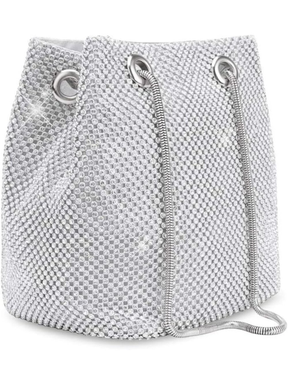 Silver Rhinestone Mesh Bucket Evening Bag Drawstring Shoulder Purse - Picture 4 of 5